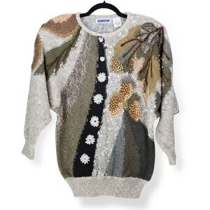 Mariea Kim Sweater Womens Small Wooden Beads Metal Leaves Shoulder Pads Vintage